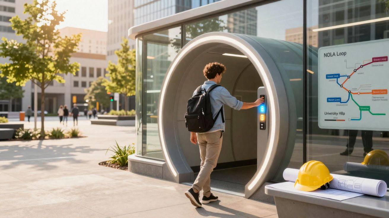 Un homme avec sac à dos entre dans un tunnel futuriste circulaire dans une ville moderne au soleil couchant.