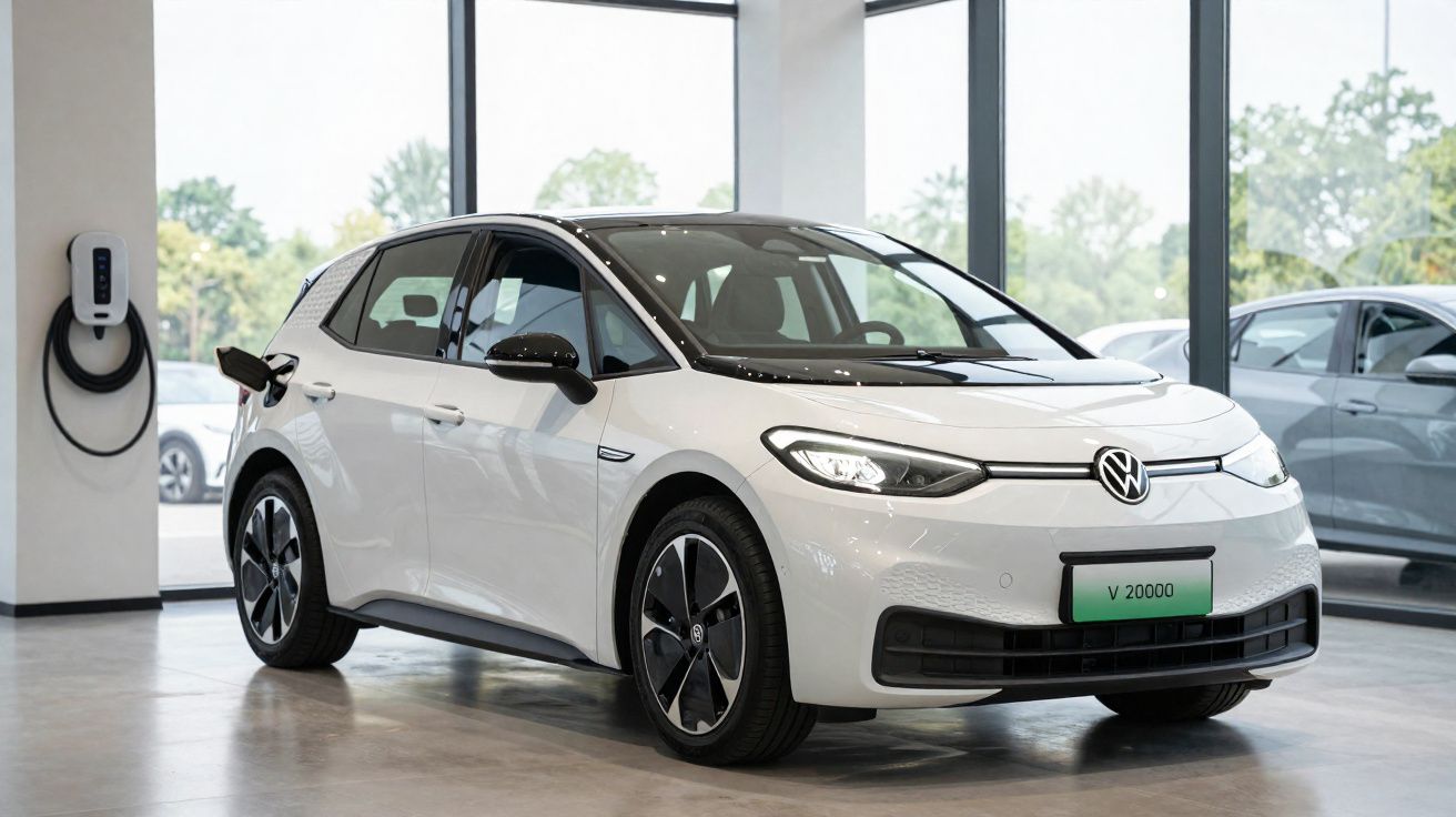 Voiture électrique Volkswagen blanche en charge dans un showroom moderne et lumineux.