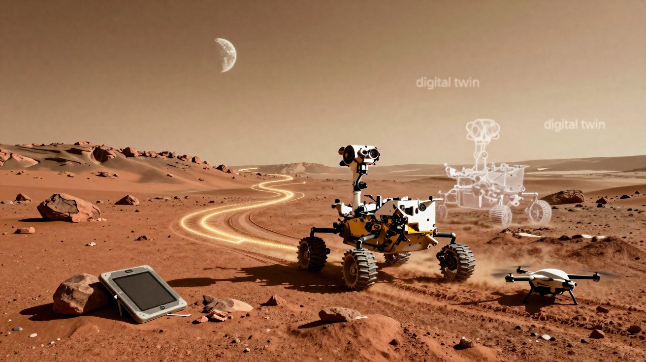 Rover martien explorant la surface de Mars avec une tablette, drone, et sa représentation numérique en arrière-plan.