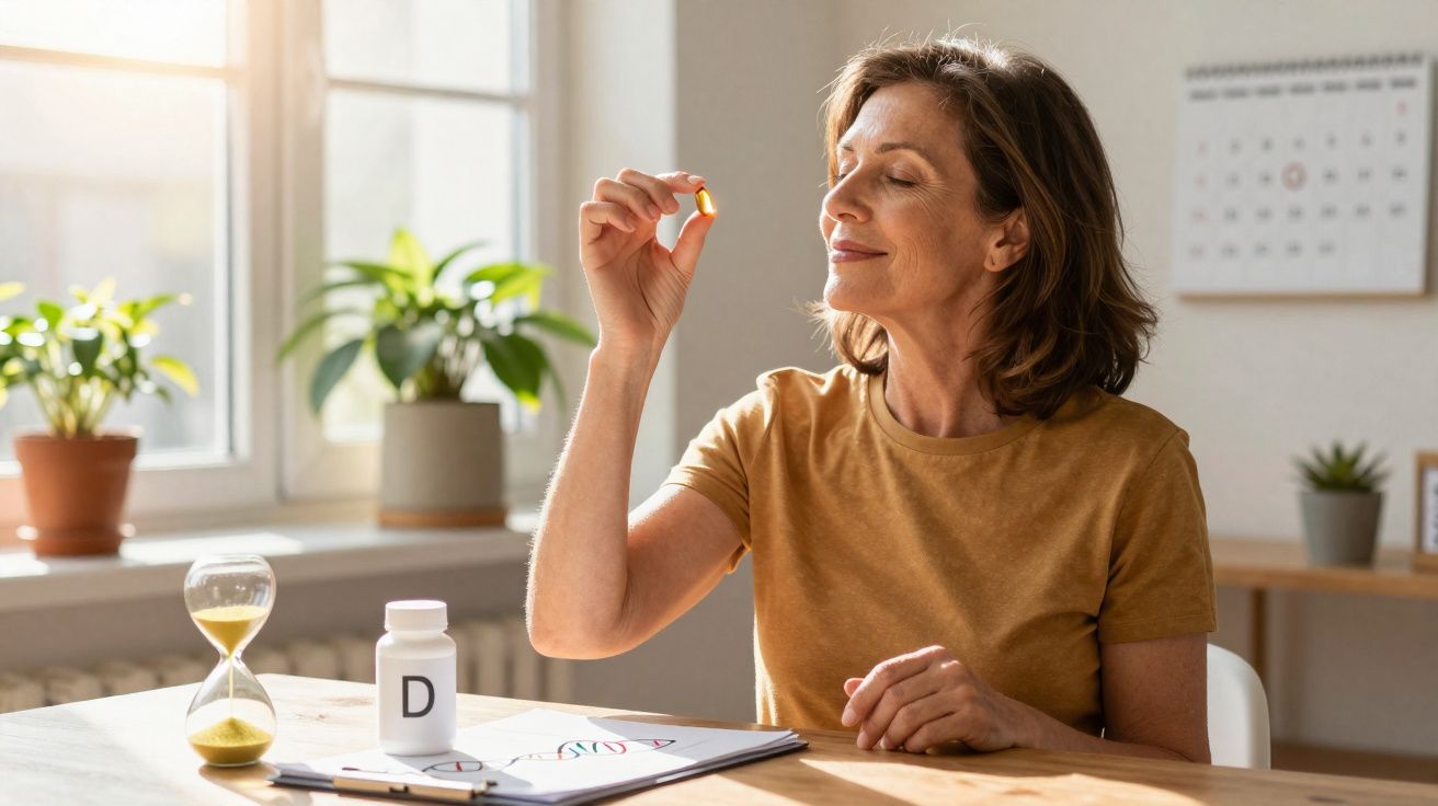 Femme souriante tenant une capsule de vitamine D près d’une bouteille et d’un sablier lumineux.