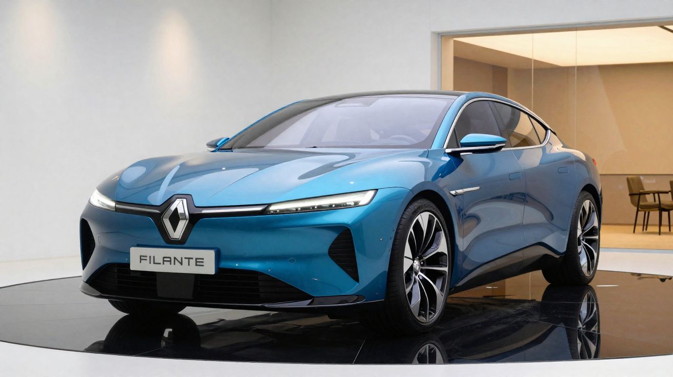 Voiture électrique bleue Renault Filante exposée dans un showroom moderne avec sol noir brillant.