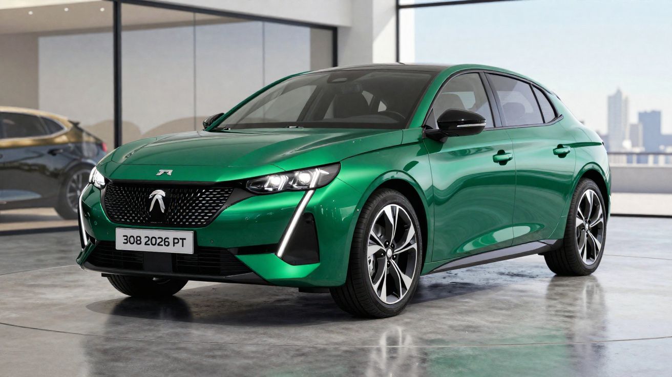 Voiture Peugeot 308 verte moderne garée dans un showroom lumineux avec vue urbaine.
