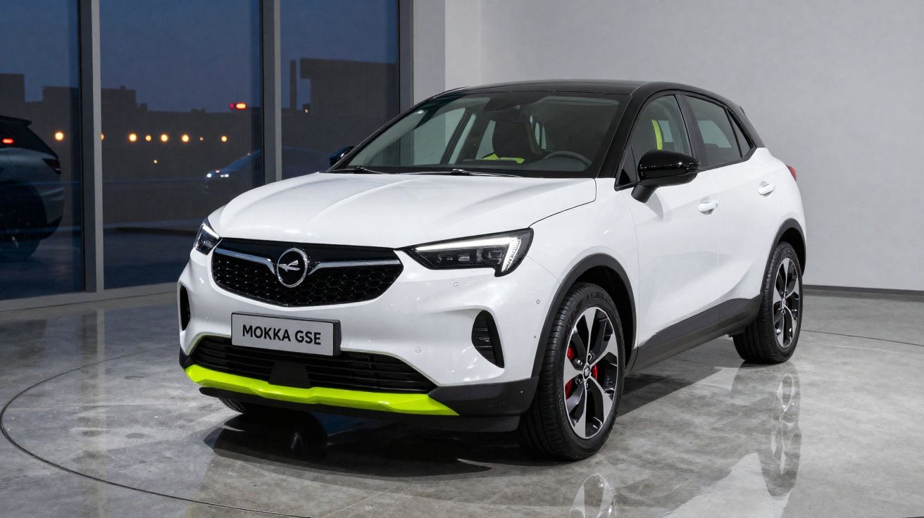 Voiture Opel Mokka GSE blanche avec toit noir et détails verts, montrée dans un showroom moderne.