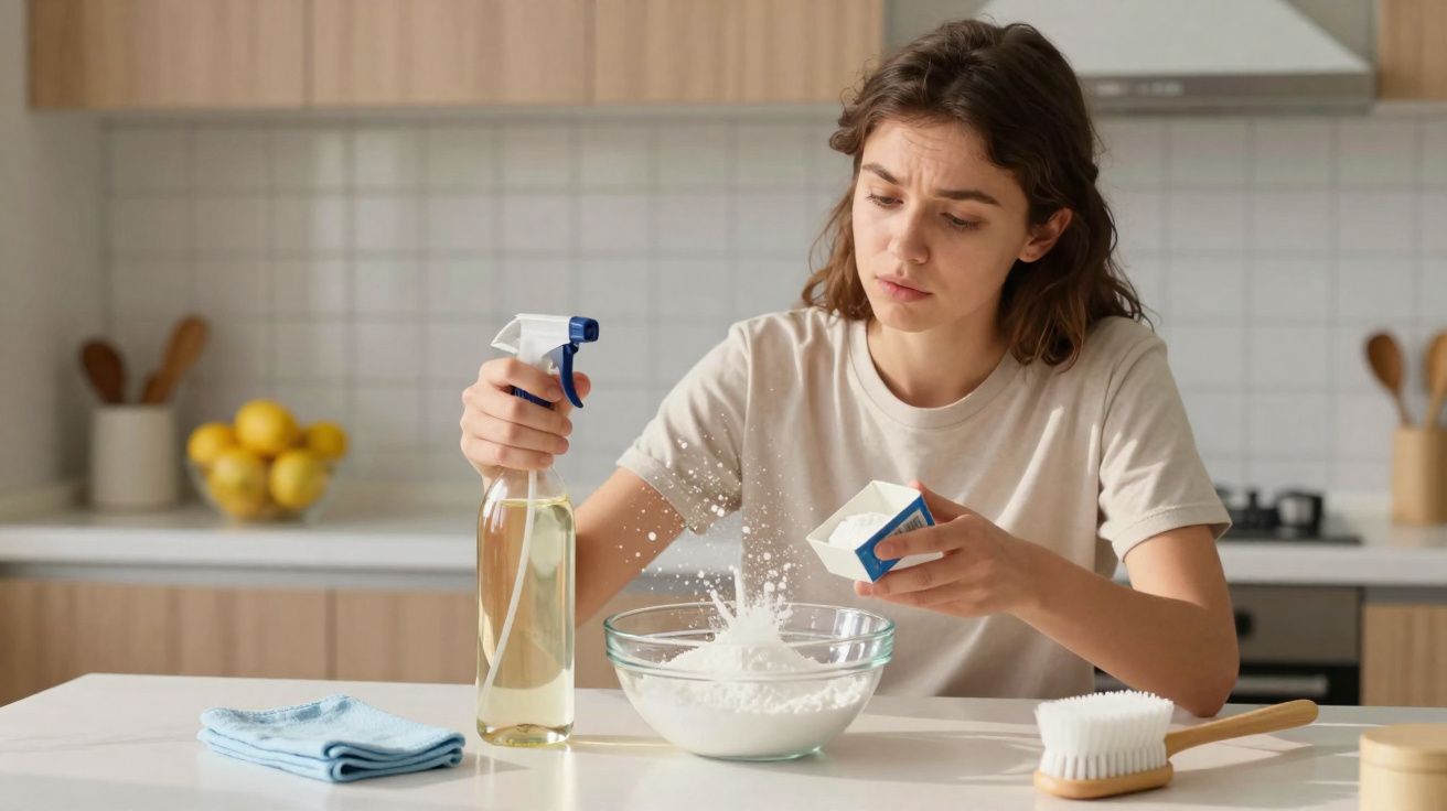 Femme préparant un mélange de nettoyage avec pulvérisateur et poudre dans une cuisine moderne.