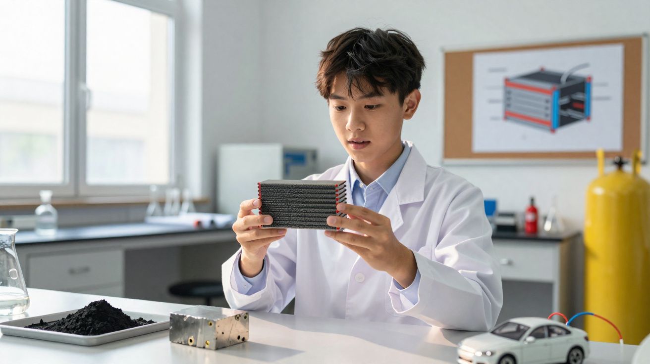Jeune scientifique examine un filtre dans un laboratoire moderne lumineux avec équipements techniques.