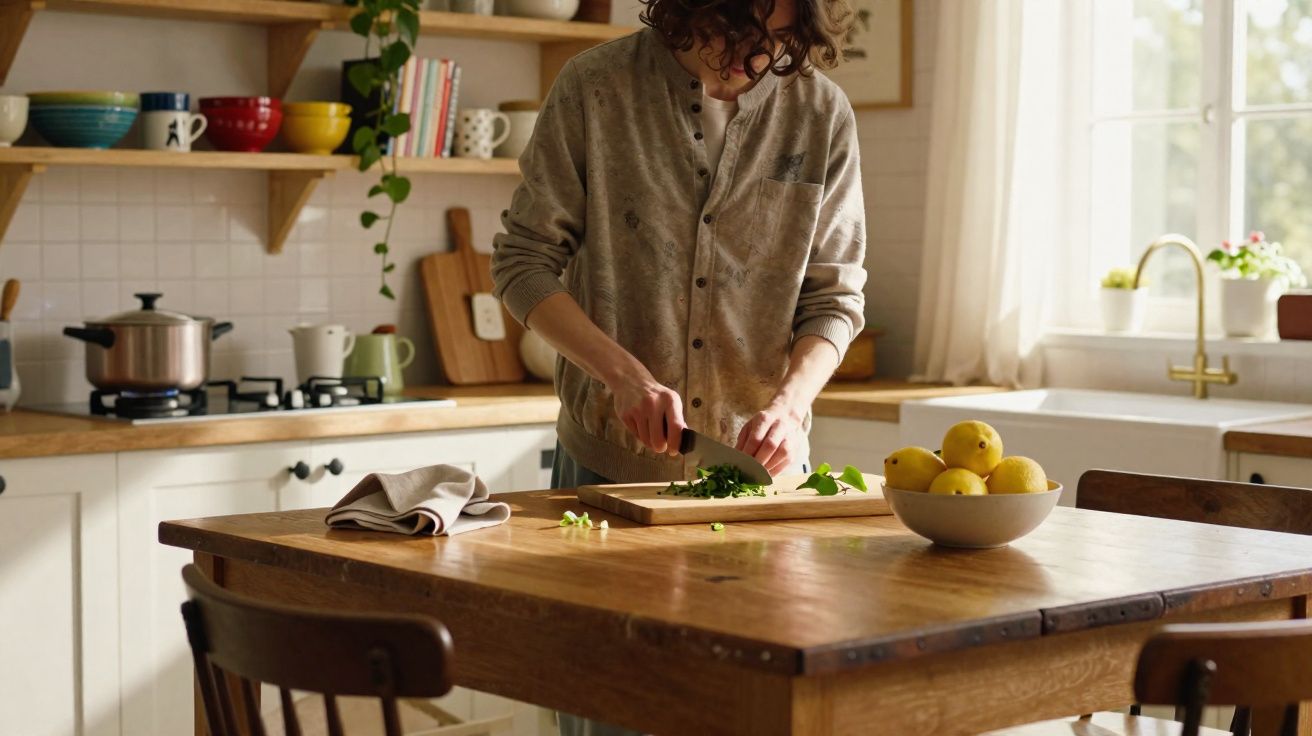 Personne coupant des herbes fraîches sur une planche à découper dans une cuisine ensoleillée.