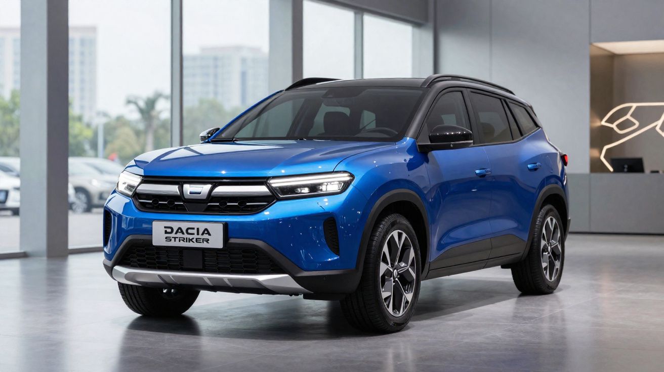 SUV bleu métallisé Dacia Striker exposé dans un showroom moderne avec grandes baies vitrées.