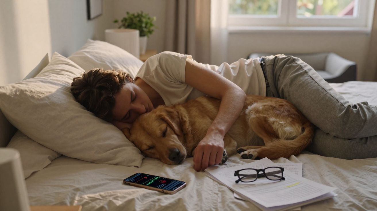 Jeune homme allongé sur un lit, câlinant un chien golden retriever, avec lunettes et téléphone à côté.