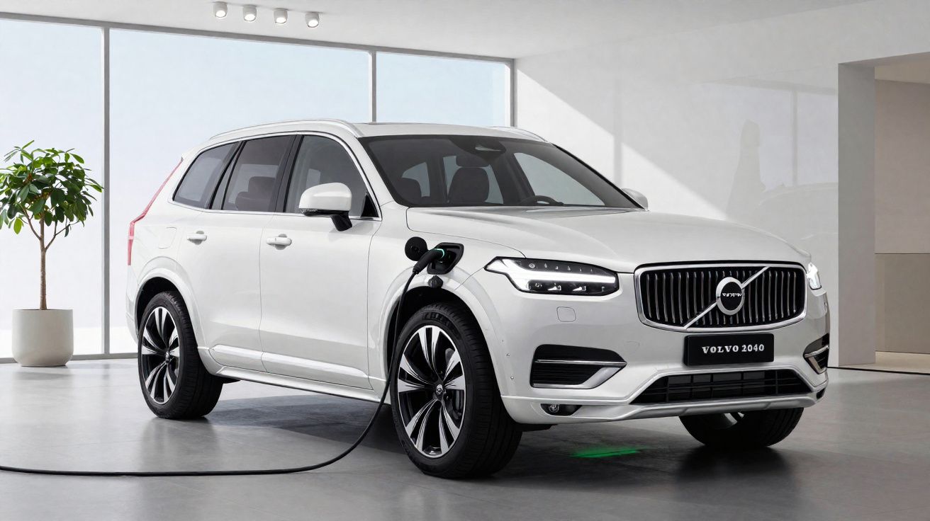 SUV électrique Volvo blanc en charge dans un intérieur moderne avec une plante verte à côté.