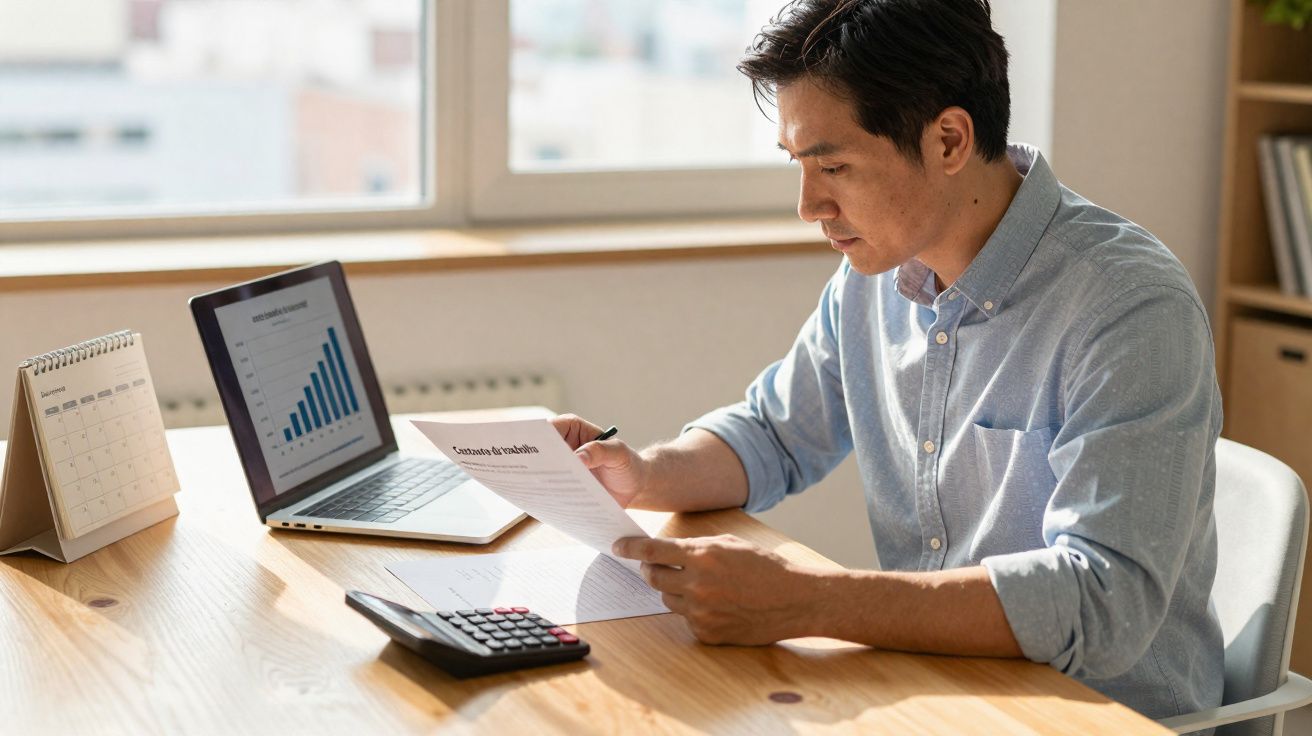 Homme travaillant à son bureau avec ordinateur, documents et calculatrice, concentré sur une analyse.