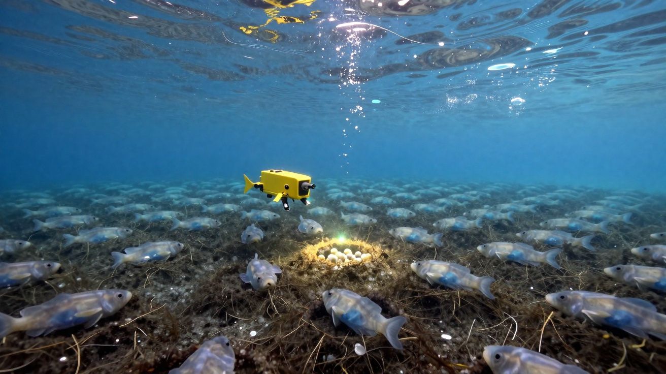 Robot jaune explorant un nid lumineux d'œufs sous-marin entouré de nombreux poissons translucides.