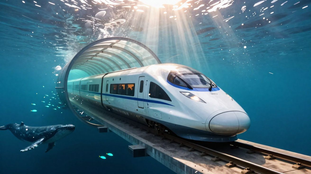 Train à grande vitesse circulant sous l'eau dans un tunnel transparent avec une baleine à proximité.