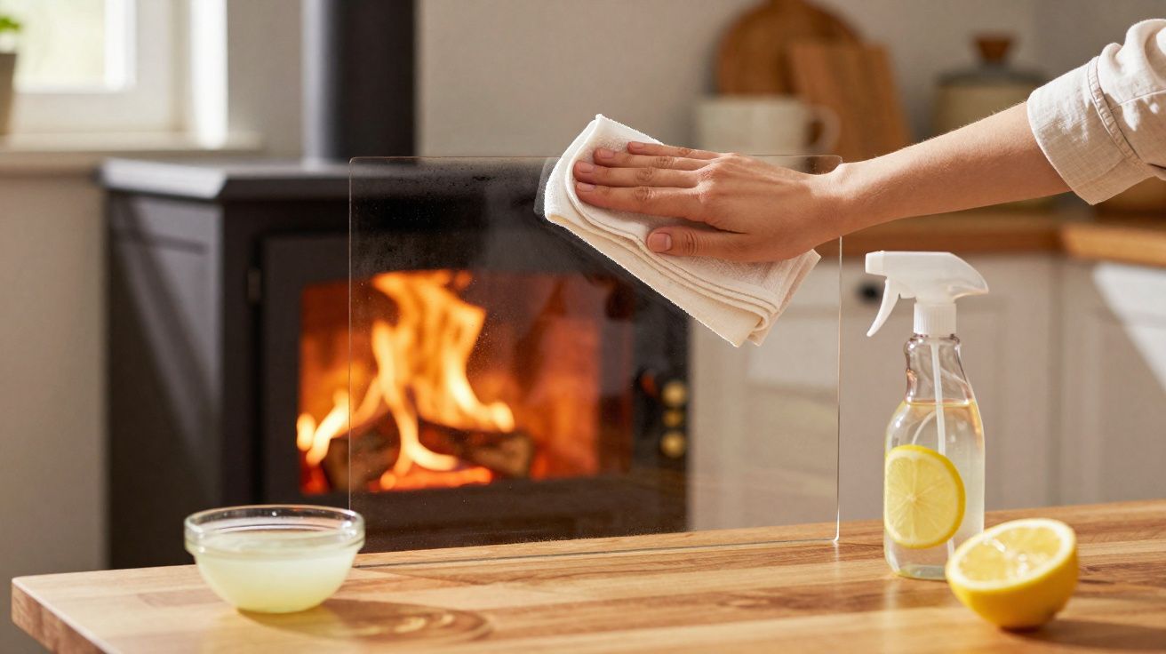 Main féminine nettoyant une vitre transparente avec un chiffon, feu de cheminée allumé en arrière-plan.