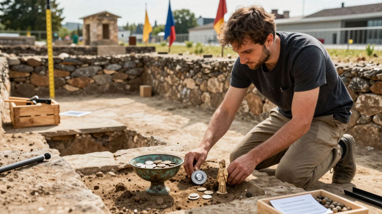 Un homme fouille un site archéologique, examinant des objets anciens sur un sol de pierres.