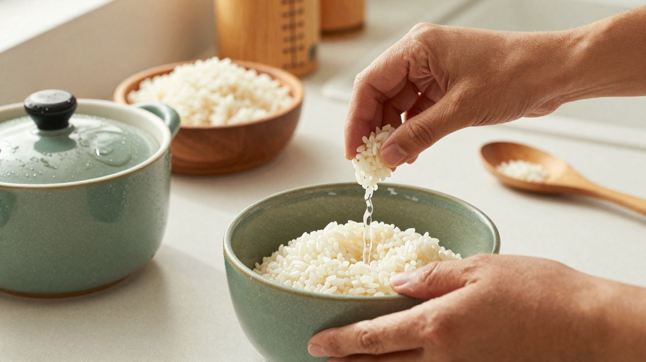 Mains versant du riz dans un bol vert, côté cuisine avec casserole, cuillère en bois et bol en arrière-plan.