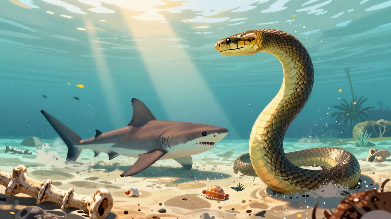 Un requin et un serpent géant se font face au fond marin éclairé par des rayons de soleil.