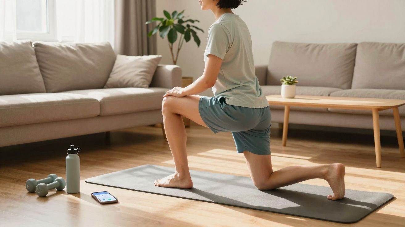 Personne en tenue de sport fait des étirements sur un tapis dans un salon lumineux avec un smartphone et des poids.