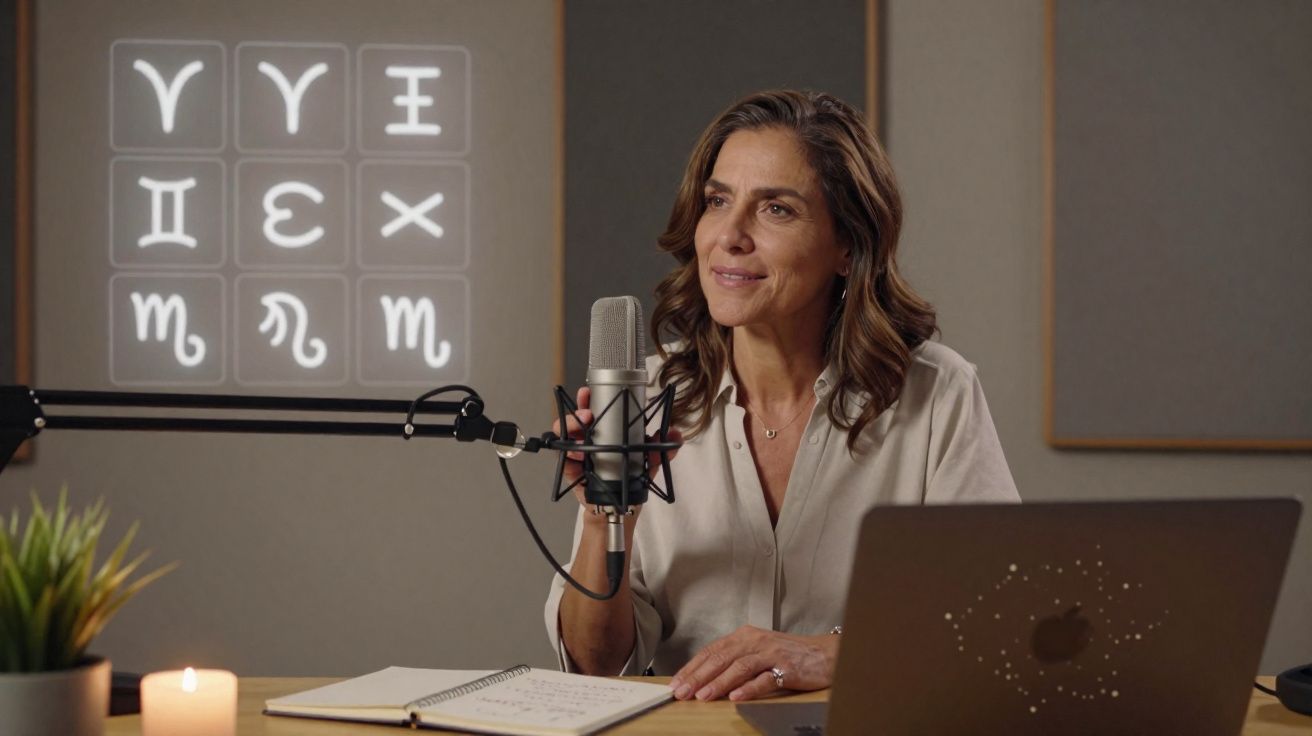 Femme parlant dans un micro devant un ordinateur, avec des symboles astrologiques lumineux sur le mur derrière elle.