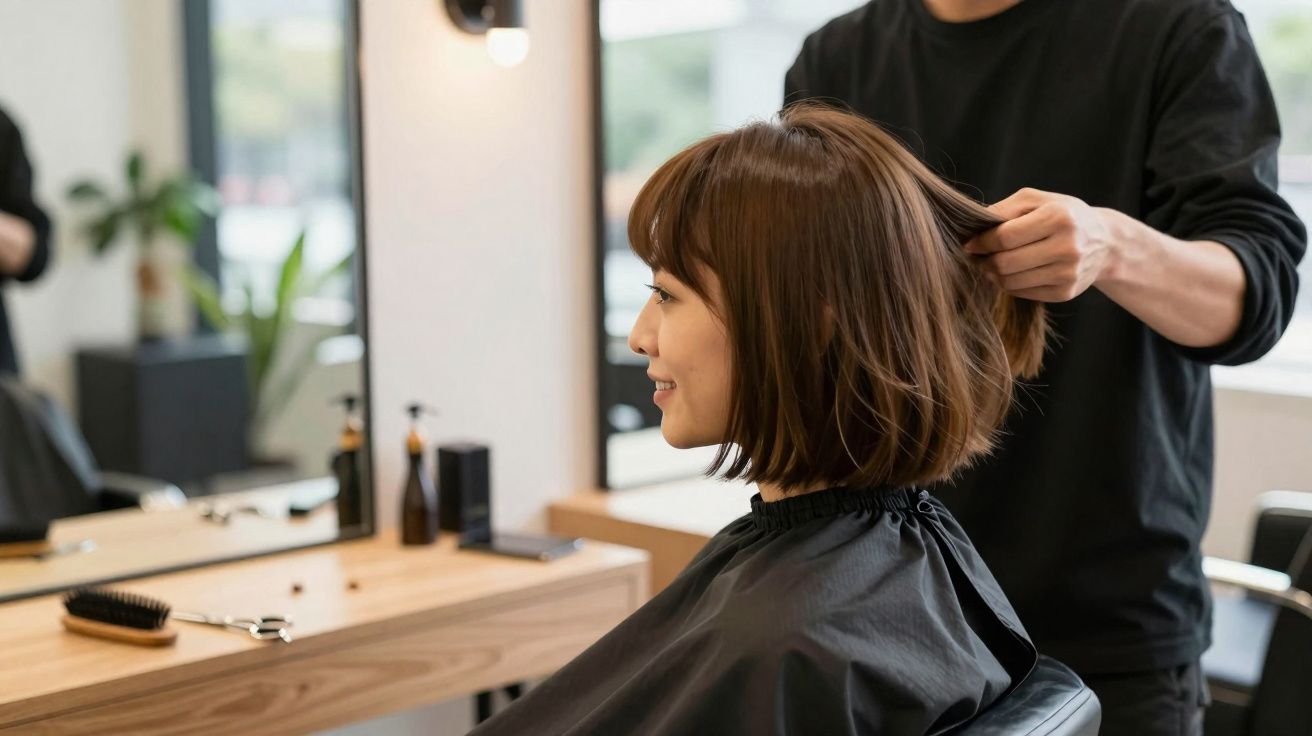 Femme souriante assise dans un salon de coiffure, un coiffeur ajuste sa coupe de cheveux courts.