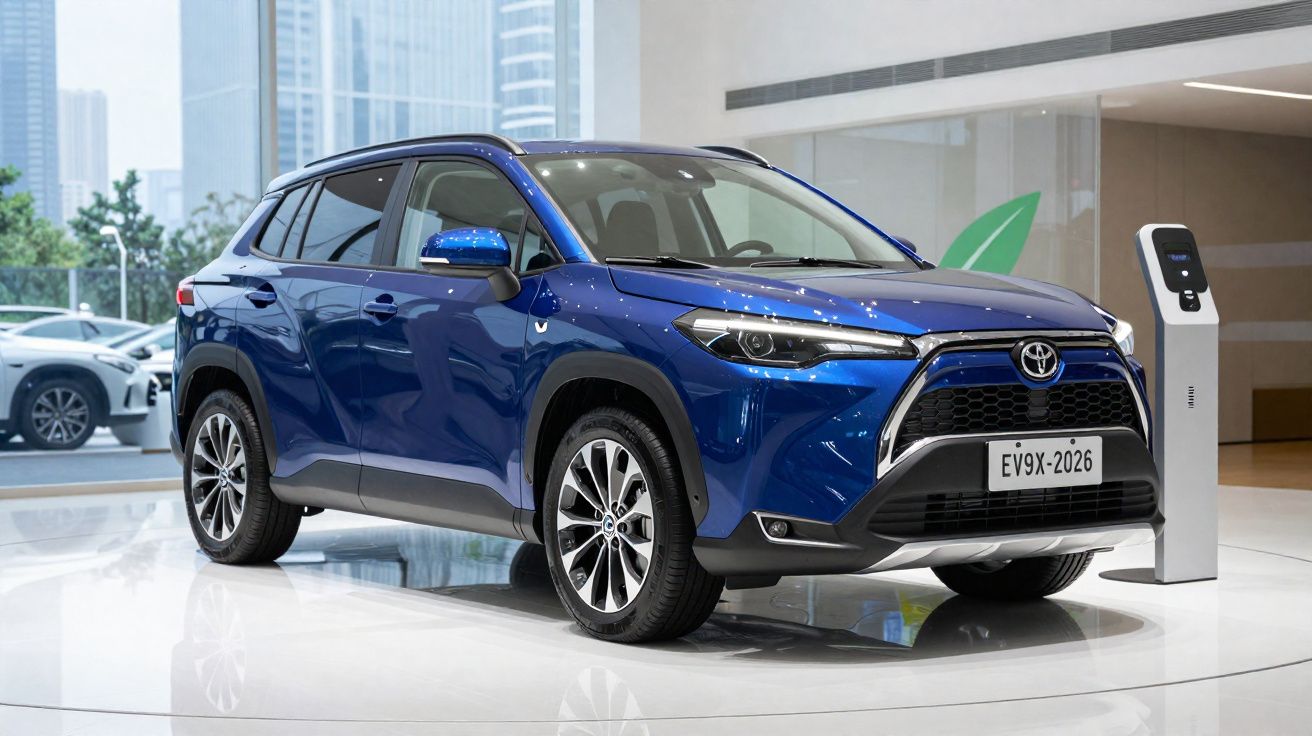 Véhicule électrique SUV bleu Toyota garé à côté d'une borne de recharge dans un showroom moderne.