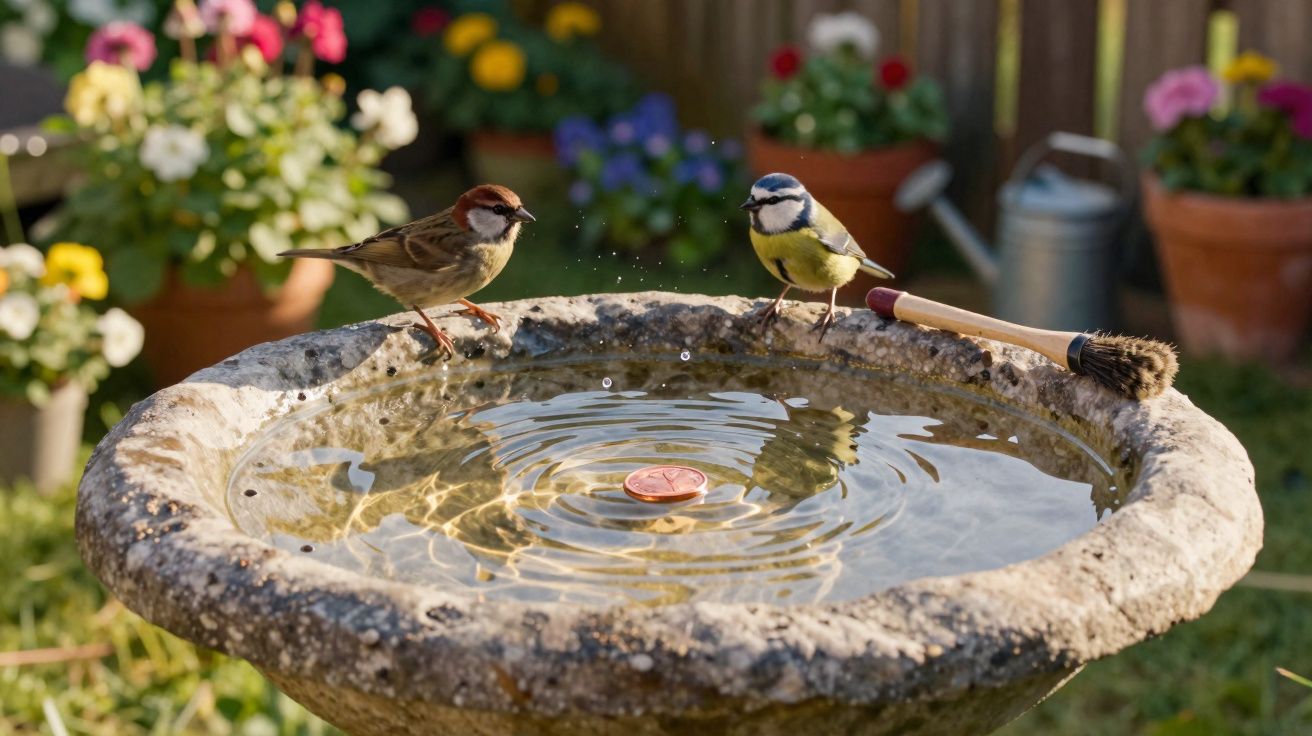 Deux petits oiseaux sur le rebord d'un bain d'oiseaux en pierre avec un jardin fleuri en arrière-plan.