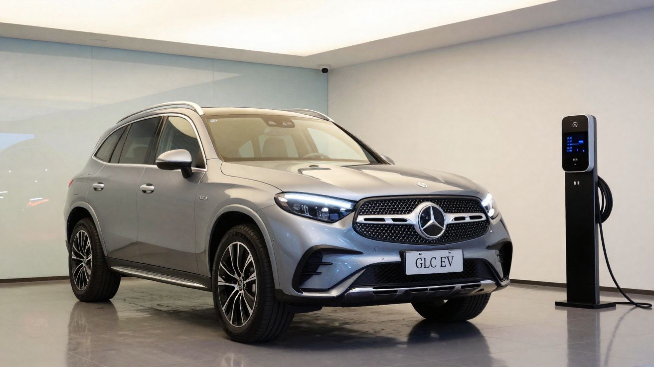 Mercedes-Benz GLC EV gris stationné à côté d'une borne de recharge électrique dans un showroom moderne.