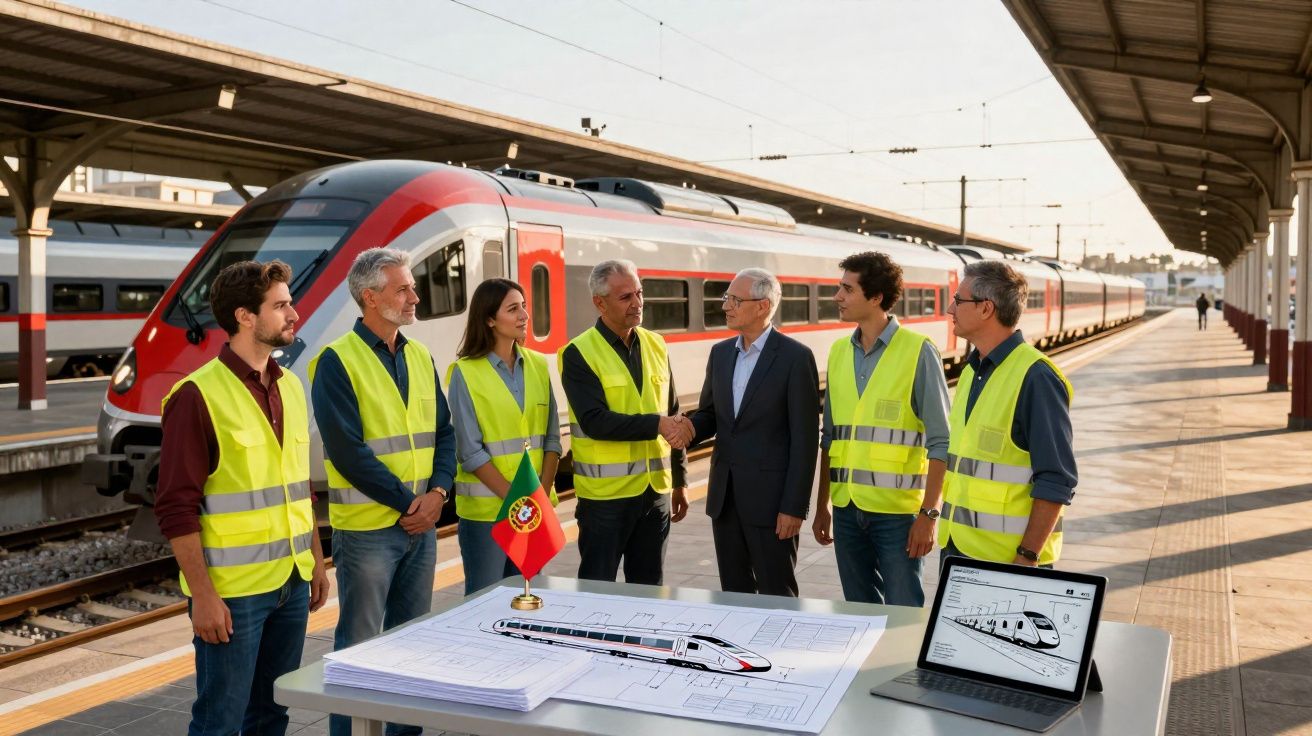 Équipe de professionnels en gilets jaunes réunie sur un quai de gare avec plans et ordinateur, devant un train moderne.