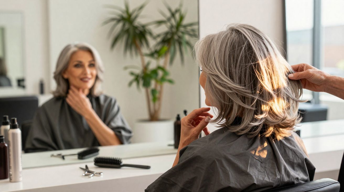 Femme âgée aux cheveux gris coiffés, assise dans un salon de coiffure devant un miroir.