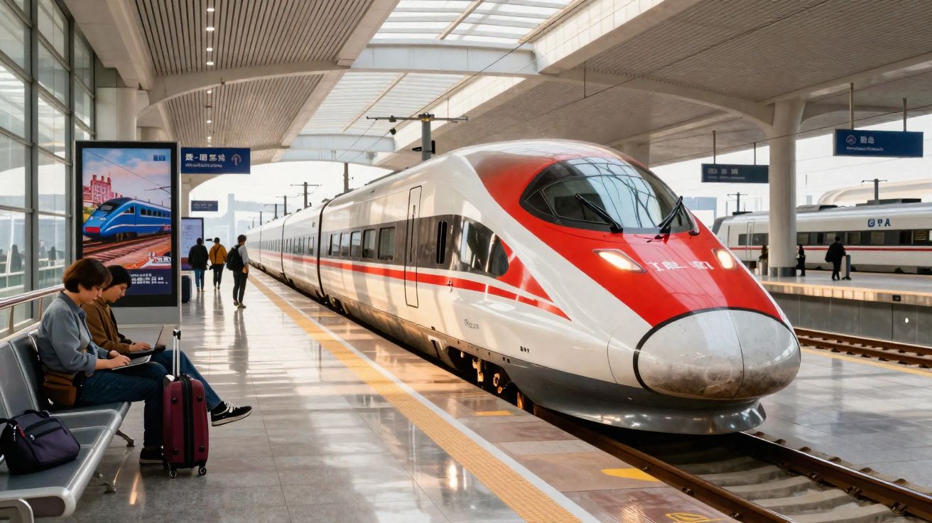 Train à grande vitesse blanc et rouge à quai dans une station moderne avec voyageurs assis.