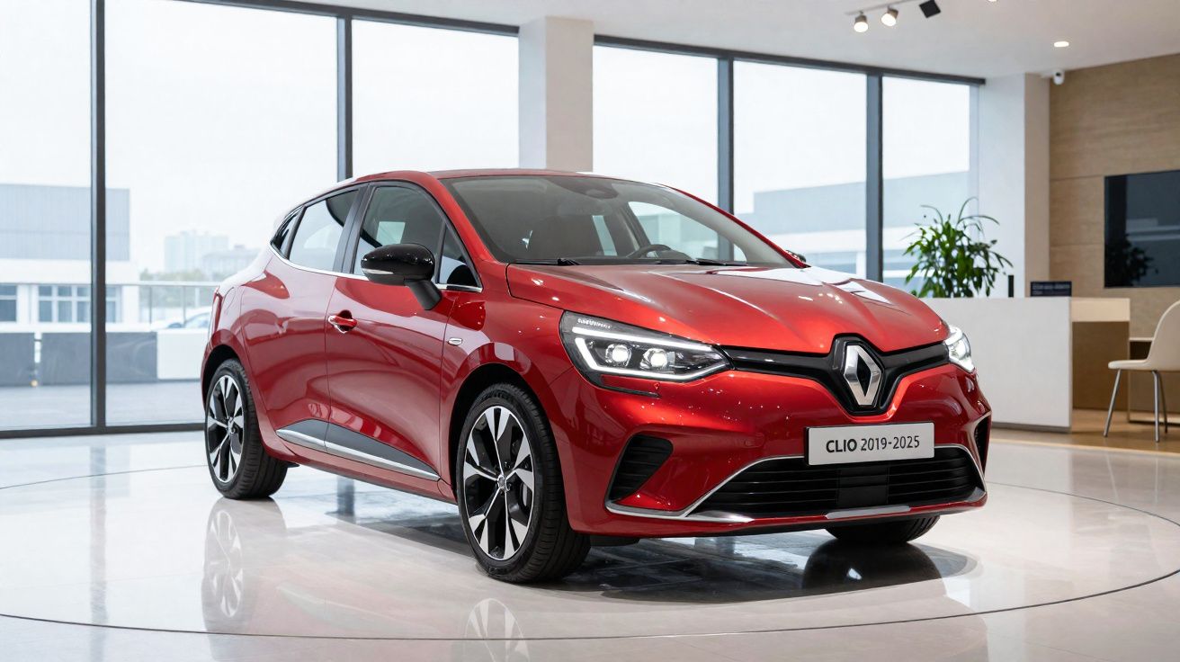 Voiture rouge Renault Clio 2019-2025 exposée dans un showroom moderne avec grandes fenêtres.