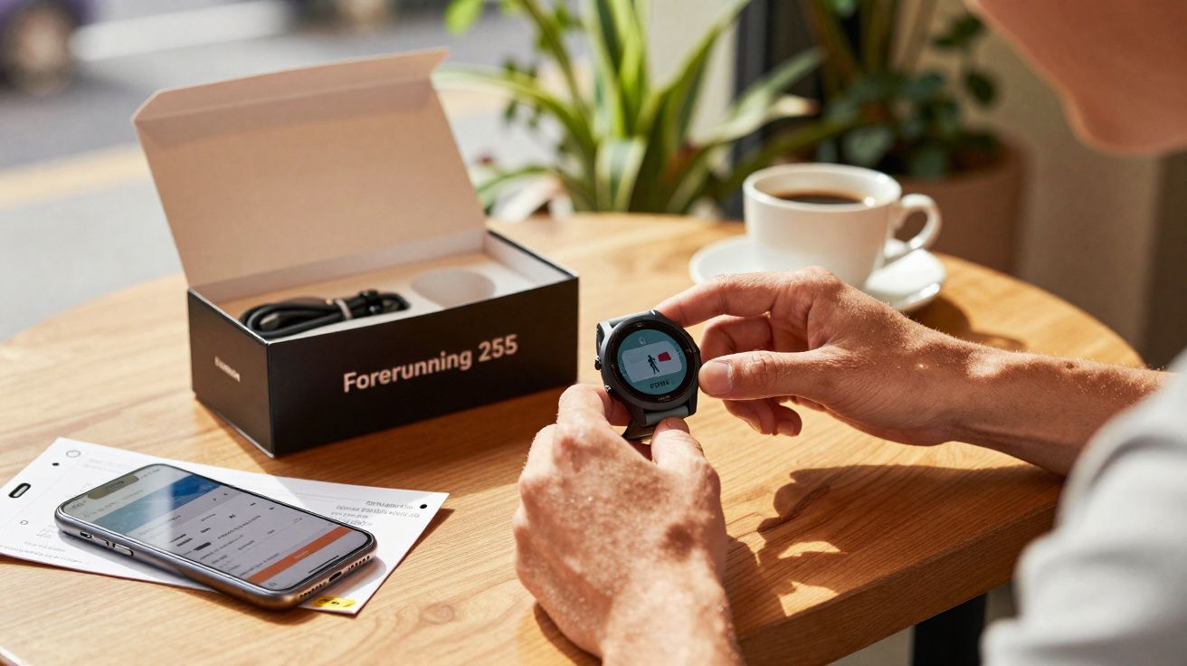 Personne tenant une montre de sport Garmin Forerunning 255 devant une boîte ouverte sur une table en bois.