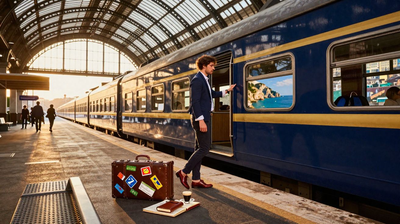 Homme élégant montant à bord d’un train bleu à quai sous une grande verrière dans une gare.