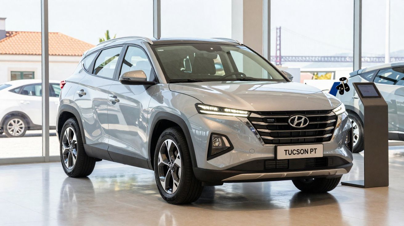 SUV Hyundai Tucson gris exposé dans un showroom lumineux avec grande baie vitrée en arrière-plan.