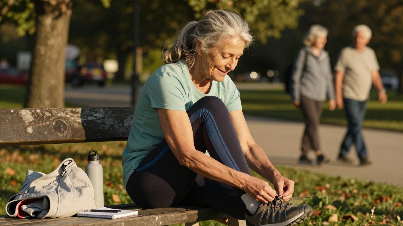 Femme âgée souriante attachant ses chaussures de sport sur un banc dans un parc ensoleillé.