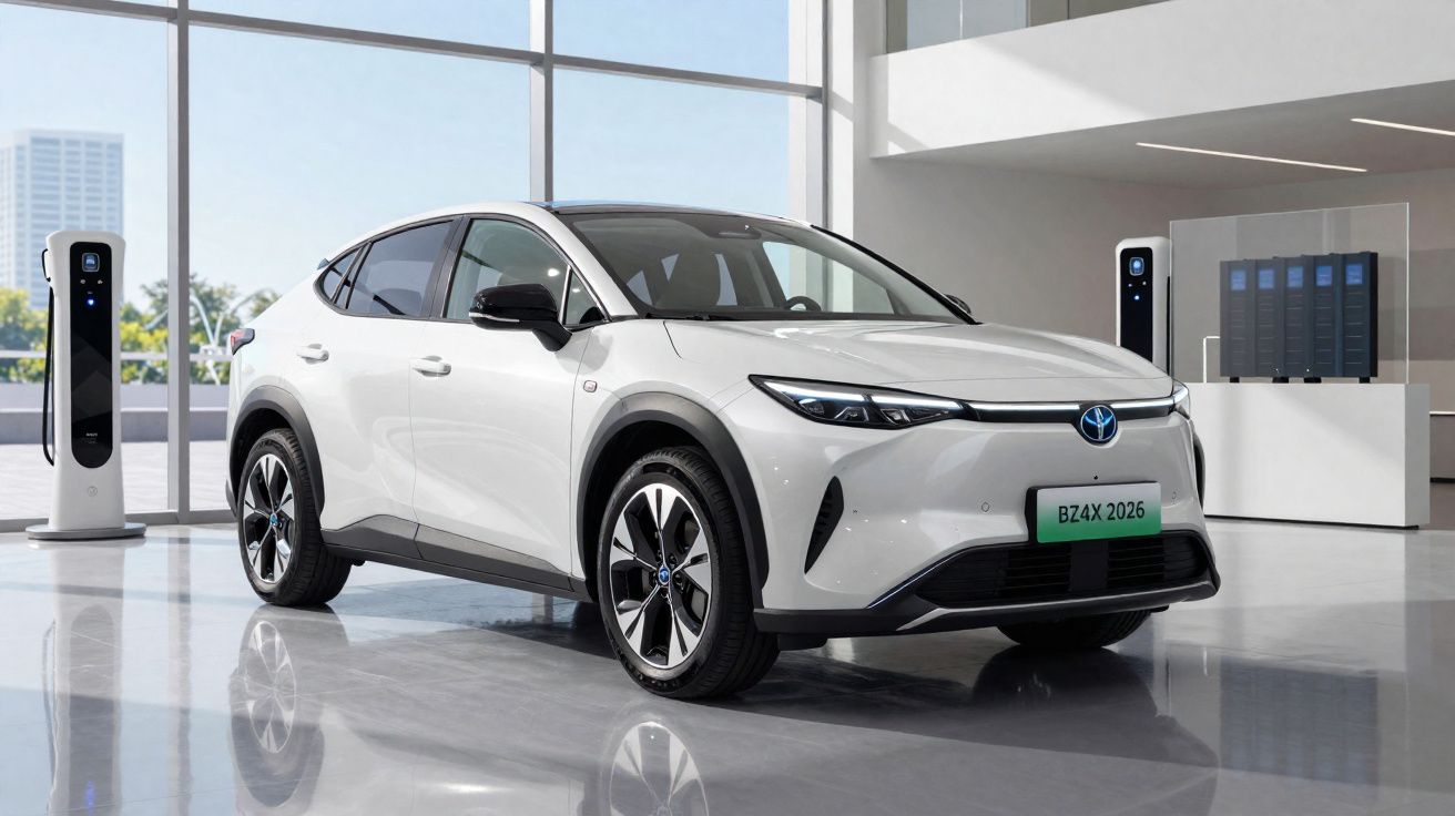 Voiture électrique blanche Toyota BZ4X 2026 dans un showroom moderne avec bornes de recharge.