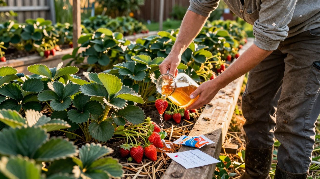 Personne arrosant des fraises mûres dans un jardin potager surélevé en plein soleil.