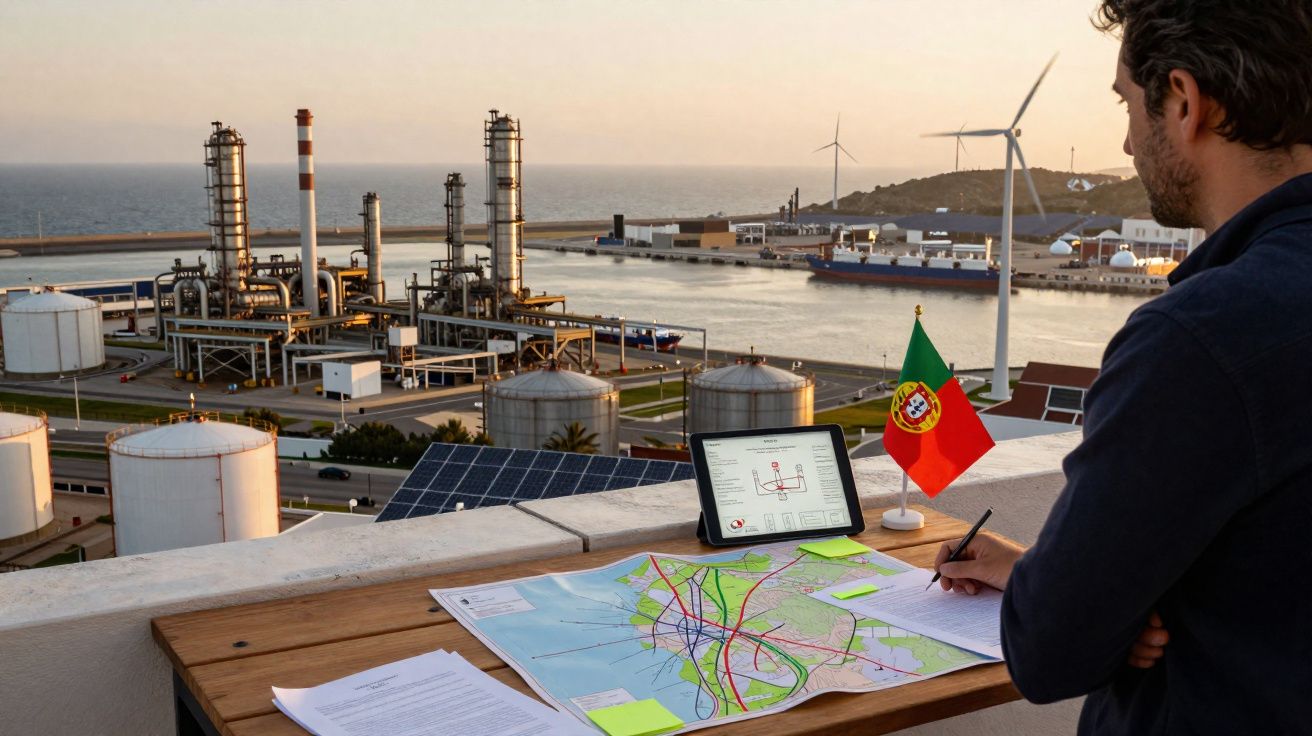 Homme travaillant sur une carte et notes avec vue sur usine, éoliennes et drapeau du Portugal au coucher du soleil.