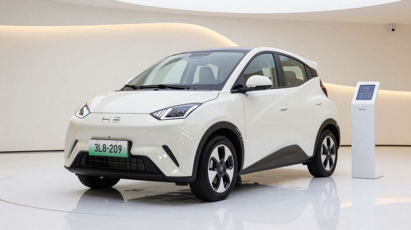 Voiture électrique compacte blanche exposée dans un salon moderne au sol brillant blanc.