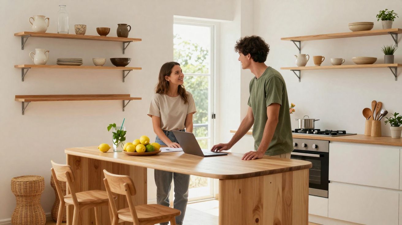 Jeune couple discutant dans une cuisine lumineuse avec table en bois et étagères murales décorées.