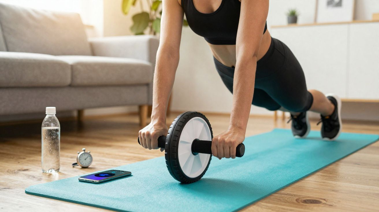 Femme faisant des exercices de gainage avec une roue abdominale sur un tapis dans un salon lumineux.