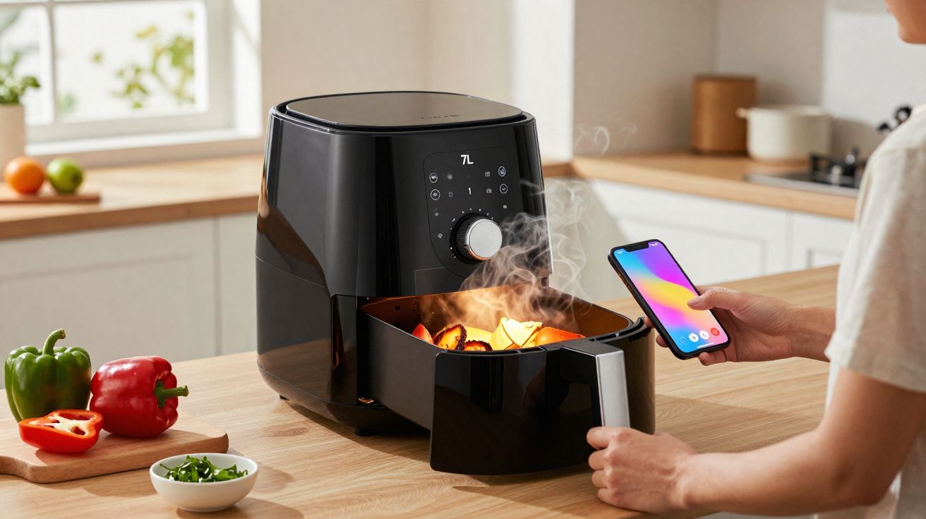 Friteuse sans huile noire de 7L avec légumes chauds fumants dans un panier, une personne tenant un smartphone.