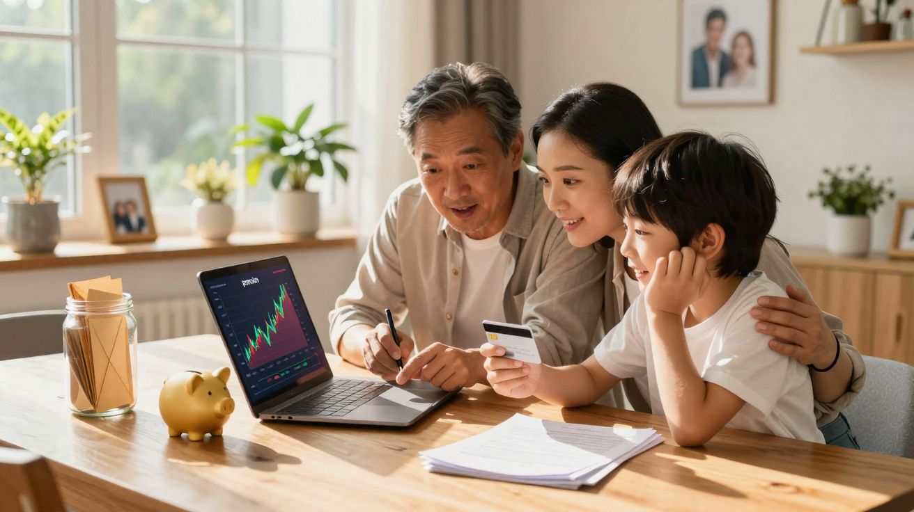 Famille asiatique regardant un ordinateur portable avec des graphiques financiers, tenant une carte bancaire, autour d'une ta
