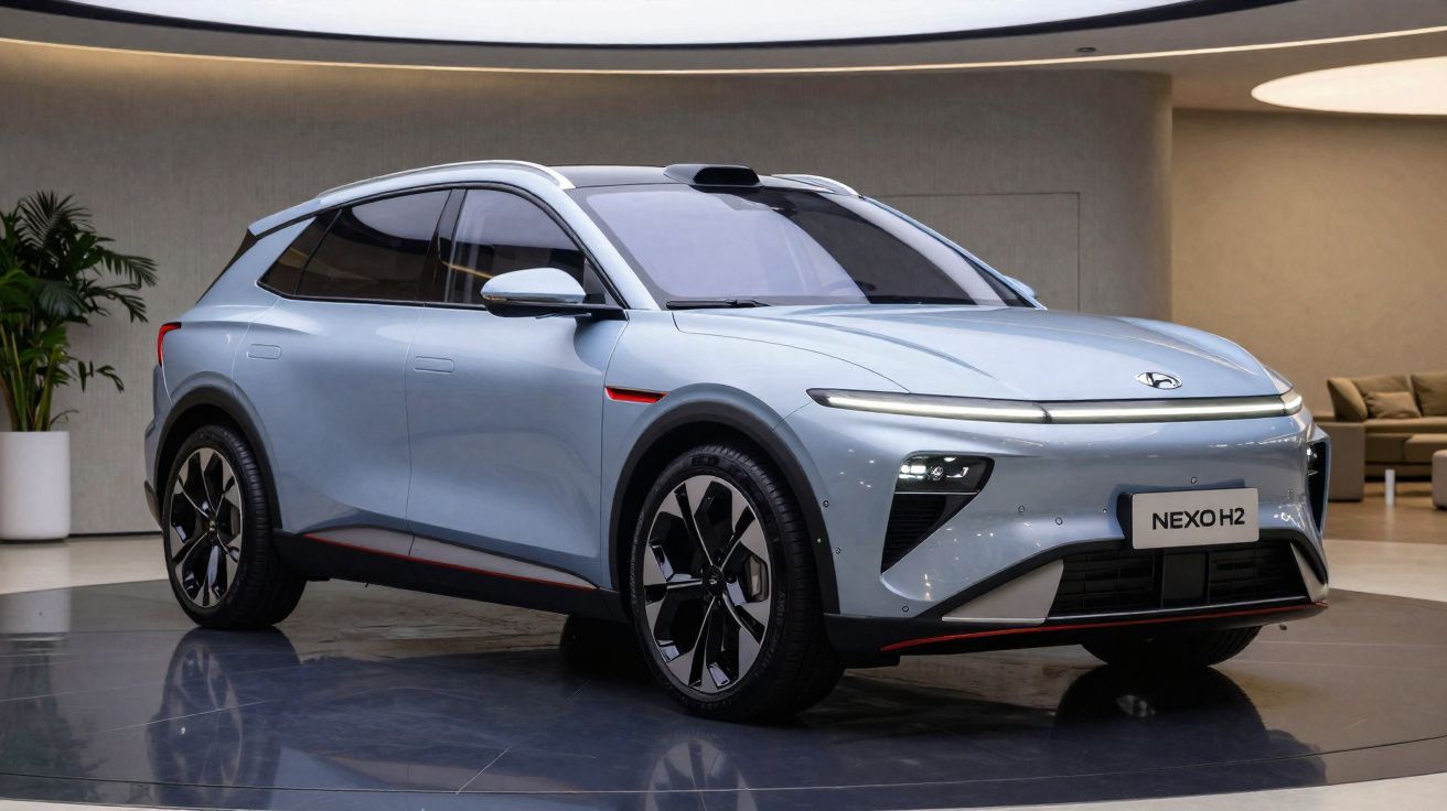 Véhicule électrique NEXO H2 gris moderne exposé dans un showroom élégant avec éclairage circulaire au plafond.