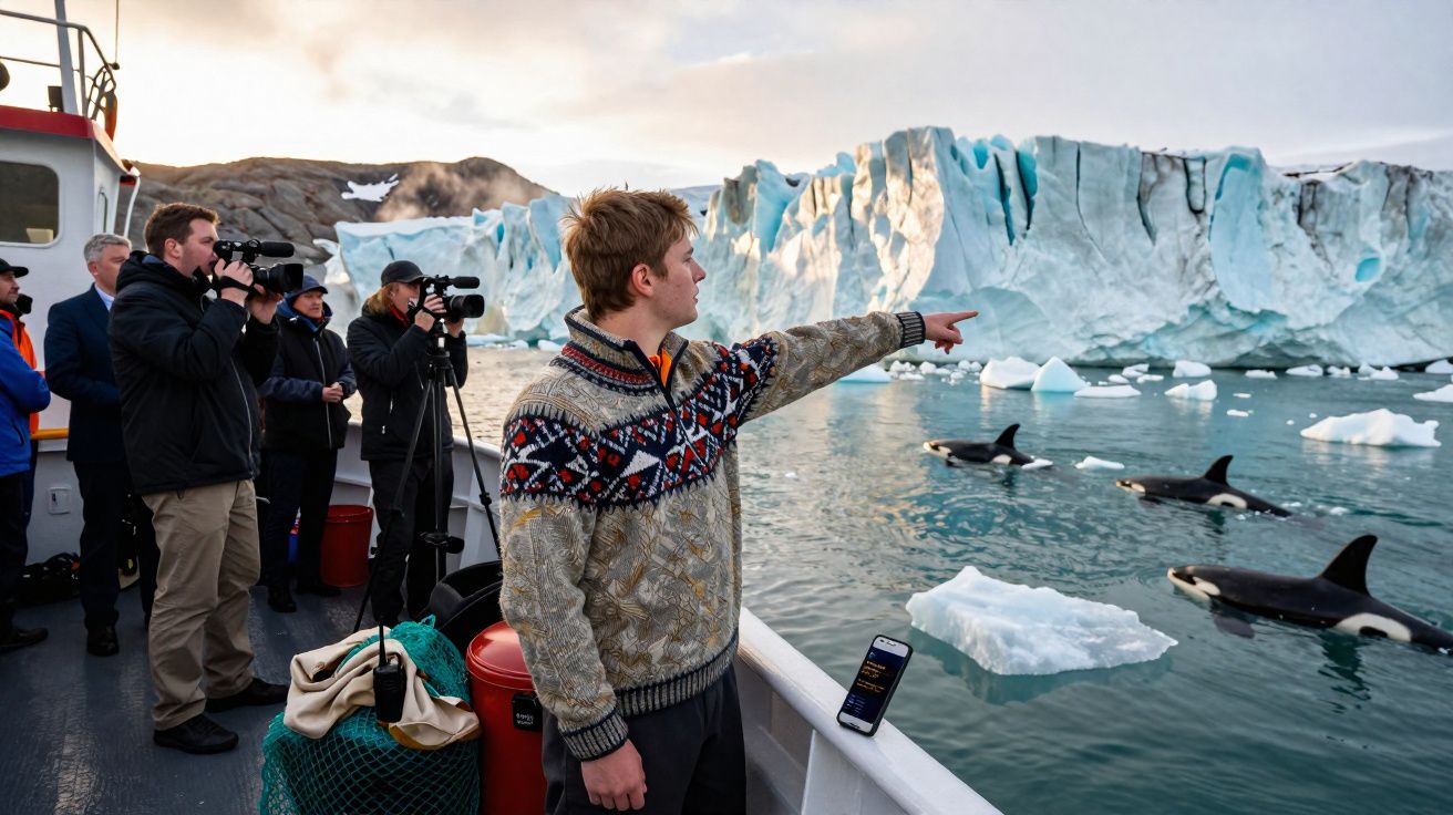 Un groupe d'observateurs regarde des orques nager près d'un iceberg depuis un bateau en Arctique.