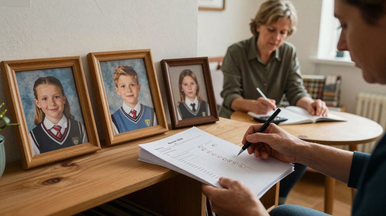Personne corrigeant des copies avec des photos d'enfants en uniforme scolaire sur un meuble en bois.