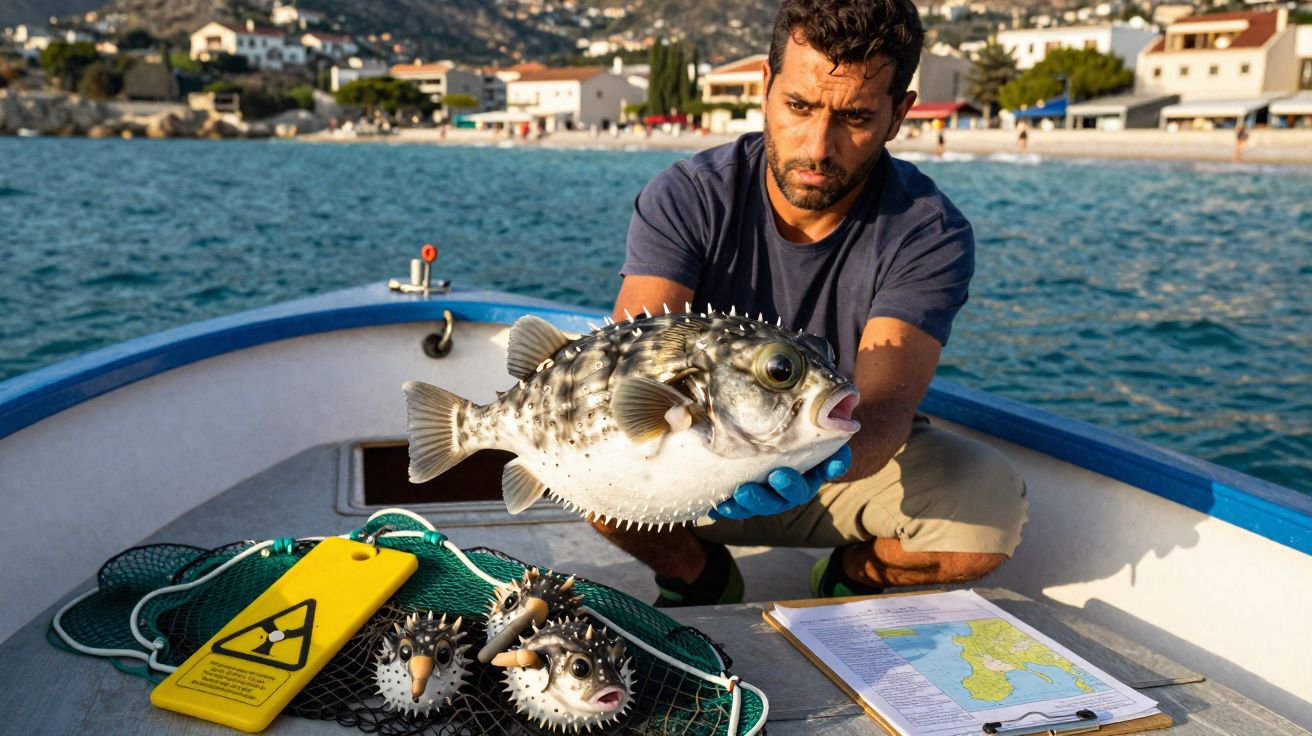 Homme tenant un poisson-globe sur un bateau avec plusieurs autres poissons et une carte marine près de lui.