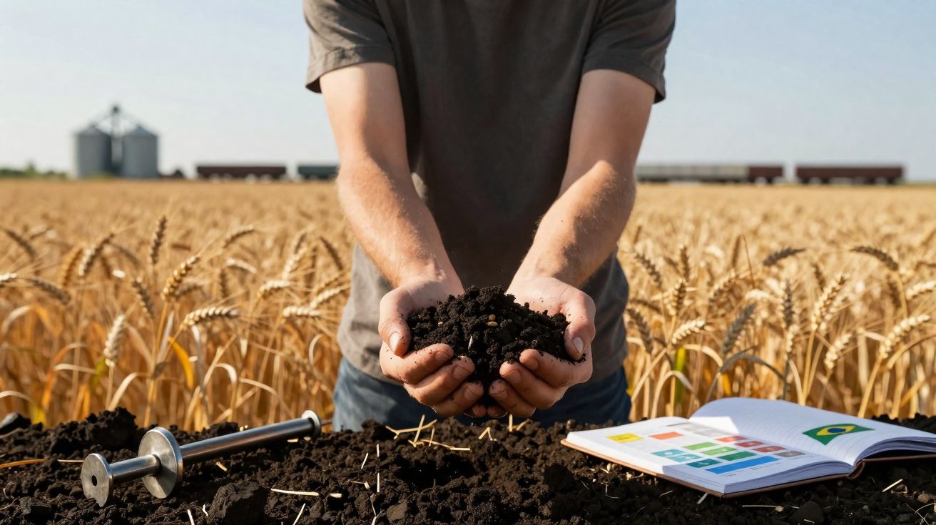 Homme tenant de la terre noire fertile dans ses mains, champ de blé doré et livre ouvert en arrière-plan.