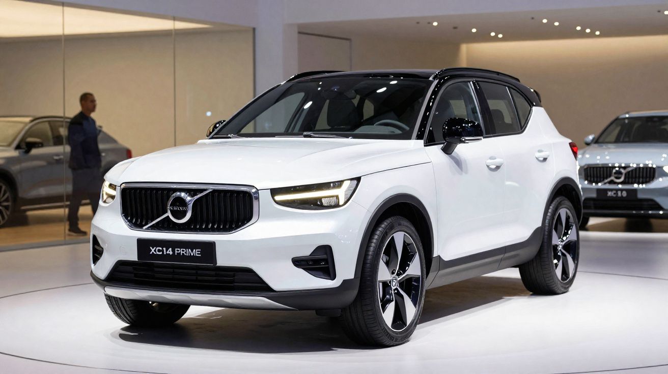 Voiture Volvo XC14 Prime blanche exposée en salle avec un autre modèle Volvo en arrière-plan.