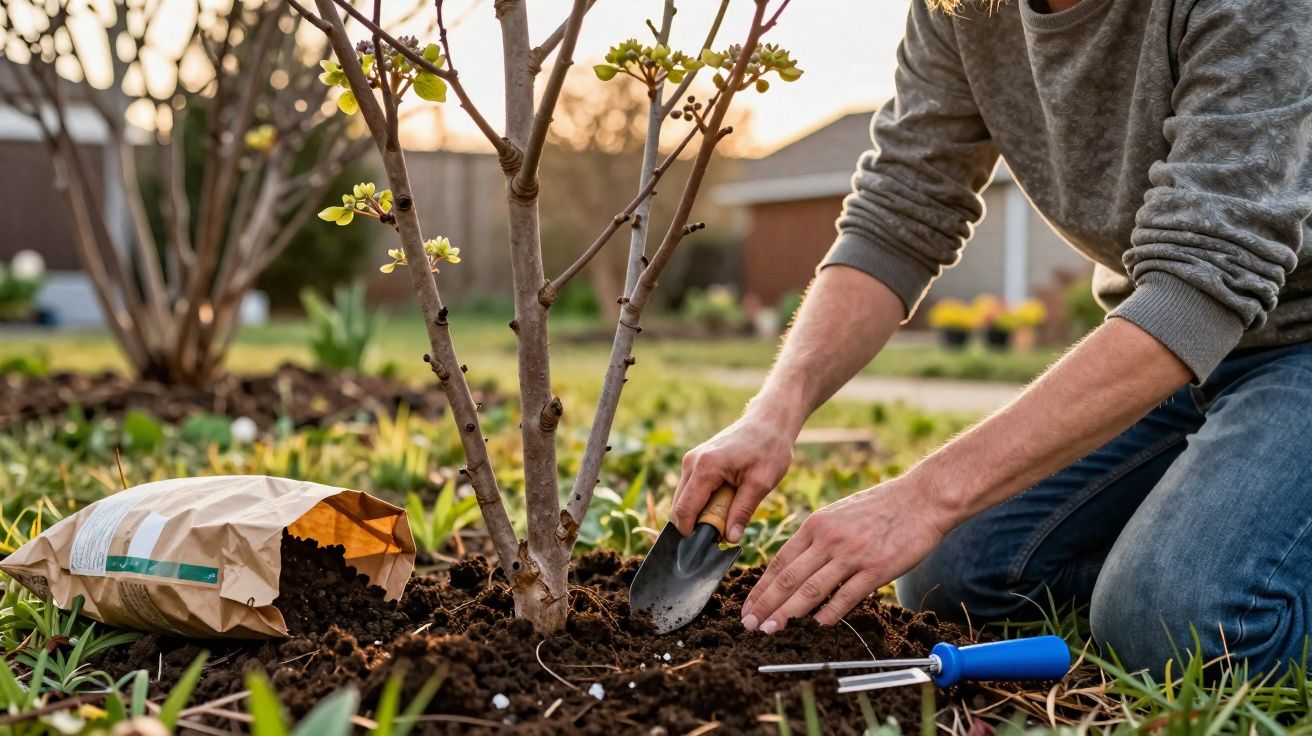 Personne plantant un arbre dans un jardin au coucher du soleil avec outils et engrais à côté.