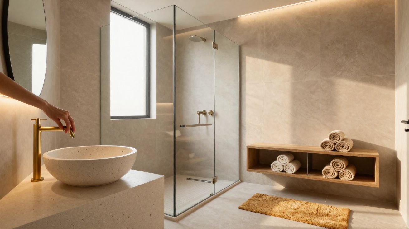 Salle de bain moderne beige avec vasque ronde, douche à l'italienne vitrée et serviettes roulées sur étagère murale.